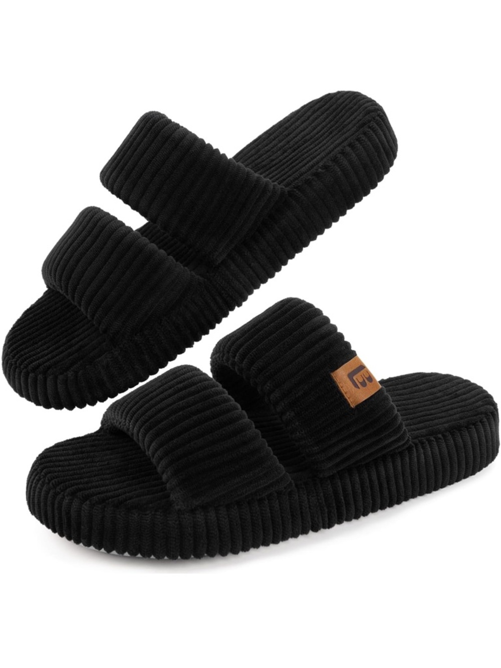 Black Ribbed Double-Strap Slide Sandals with Cushioned Footbed SZ 8